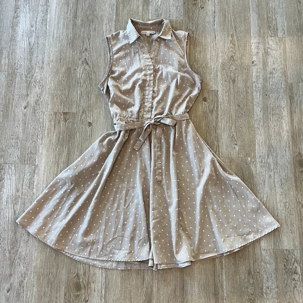 Womens Larry Levine Cream/Khaki Polka Dot Dress - L